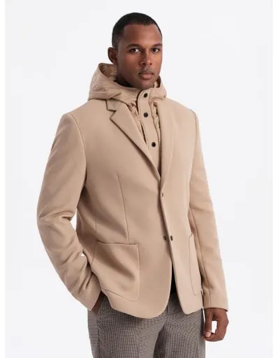 Pánské sako s vysokým límcem a kapucí - světle hnědé V1 OM-BLZB-0133