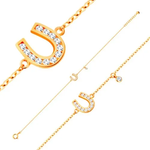 Náramek ve žlutém 14K zlatě - třpytivá podkůvka, visící čirý zirkon