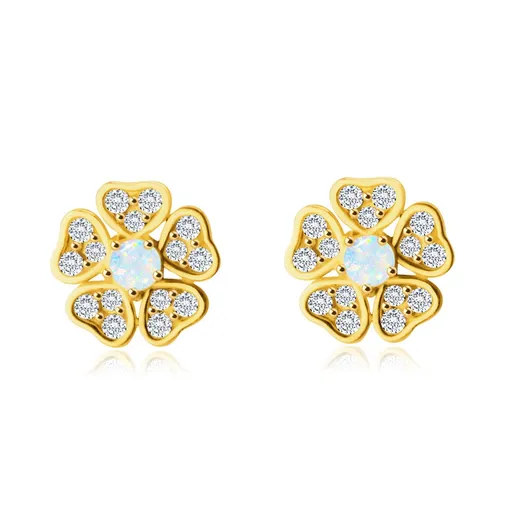 Náušnice ze 14K zlata - kvítek s okvětními lístky ve tvaru srdíček, kulatý opál