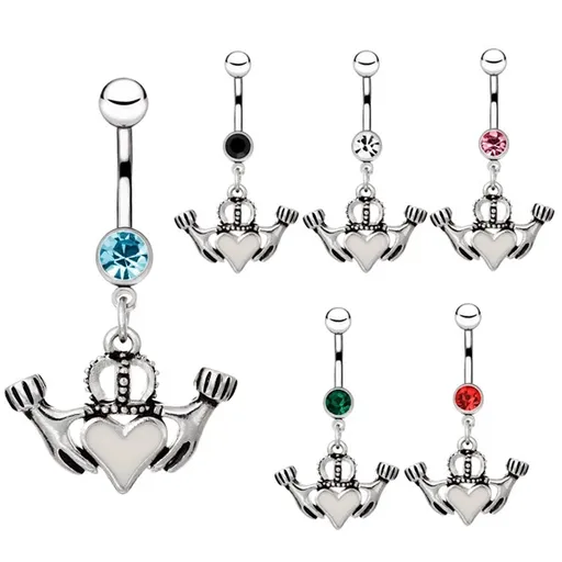 Piercing do pupíku z oceli - ruce držící srdce s korunou - Barva zirkonu: Aqua modrá - Q