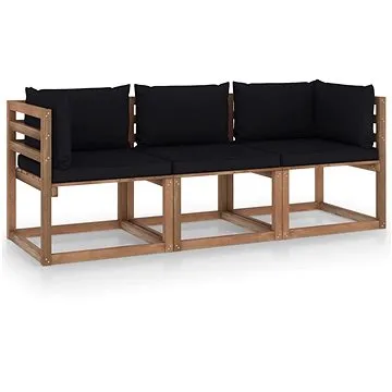 Zahradní 3místná paletová pohovka s černými poduškami borovice , 3067291 (3067291)