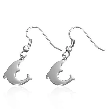 Náušnice, chirurgická ocel, vyskakující delfín, stříbrný odstín, afro háčky