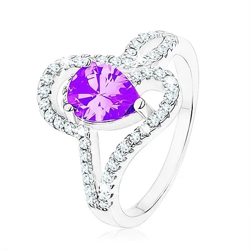 Stříbrný prsten 925, zirkon tanzanitové barvy - slza, propletené linie - Velikost: 57