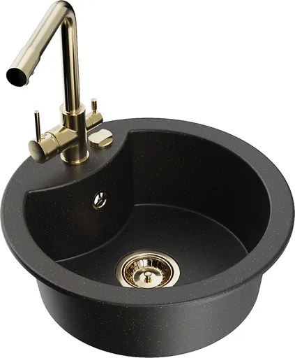 MEXEN/S Diego granitový dřez 1-miska včetně baterie Duero, černá/zlatá metalik 6512-75-671600-50