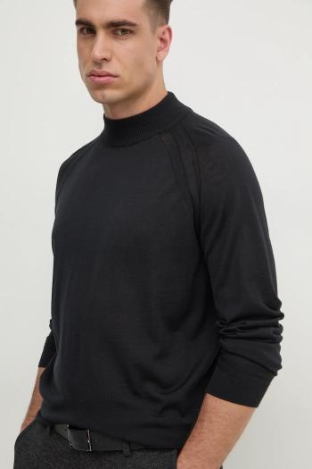 Vlnený sveter BOSS pánsky, čierna farba, tenký, s polorolákom, 50531154