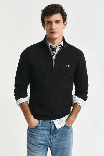 SVETR GANT COTTON CABLE HALF ZIP BLACK