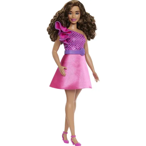 Barbie Modelka - lesklé šaty s volánkem