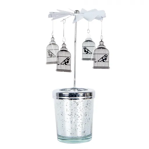 Stříbrný točící svícen na čajovku s ptáčky v kleci Ringi - Ø 8*17 cm Clayre & Eef
