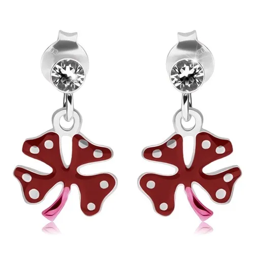 Náušnice ze stříbra 925, čirý zirkonek, červeno-růžový čtyřlístek