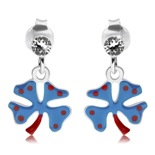 Stříbrné náušnice 925, čtyřlístek s tmavě modrou glazurou, červené tečky
