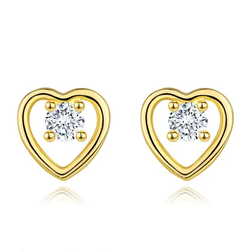Diamantové náušnice ze žlutého 14K zlata - čirý briliant v kontuře srdíčka