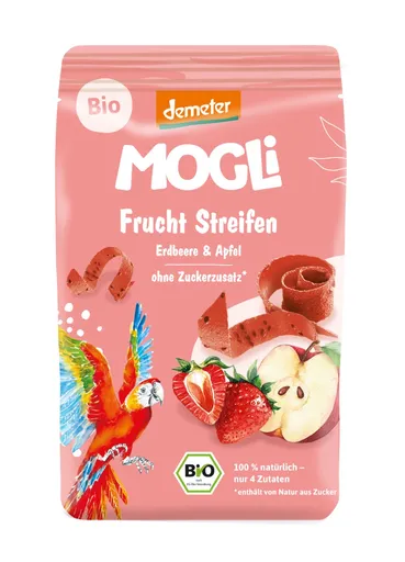 MOGLi BIO Ovocné pásky s chia semínky a psylliem jahoda a jablko 25 g