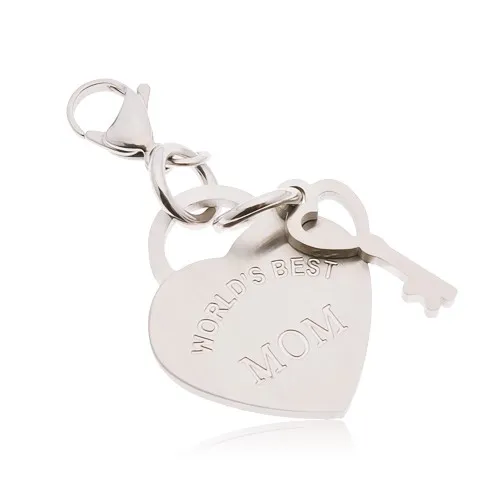Ocelový přívěsek na klíčenku, srdce s klíčem a nápisem WORLD´S BEST MOM