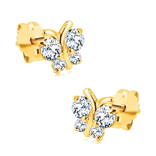 Náušnice ze žlutého 14K zlata - blýskavý motýl s čirými kulatými zirkony