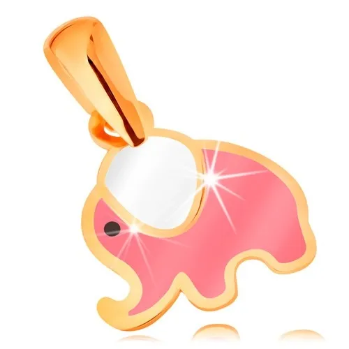 Zlatý přívěsek 585, glazovaný růžovo-bílý slon s černým očkem