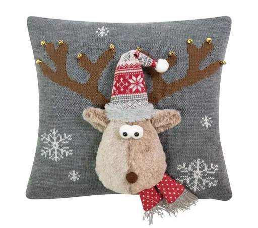 Šedý vánoční dekorační polštář sob Rudolf - 40*40*7cm Mars & More