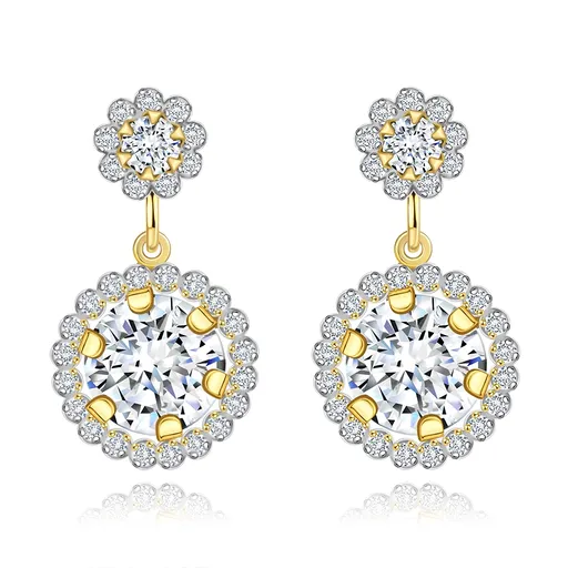Náušnice z kombinovaného zlata 585 - čirý kvítek a visící velký zirkon s drobnými zirkonky