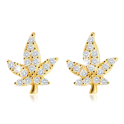 Zlaté náušnice 585 - list marihuany, zirkony v čirém odstínu