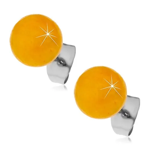 Ocelové puzetové náušnice, žlutooranžové kuličky, 8 mm