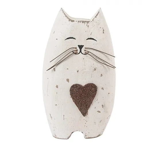 Bílá antik dřevěná dekorace kočička se srdíčkem Rustic Cat L - 8*6*14 cm Clayre & Eef