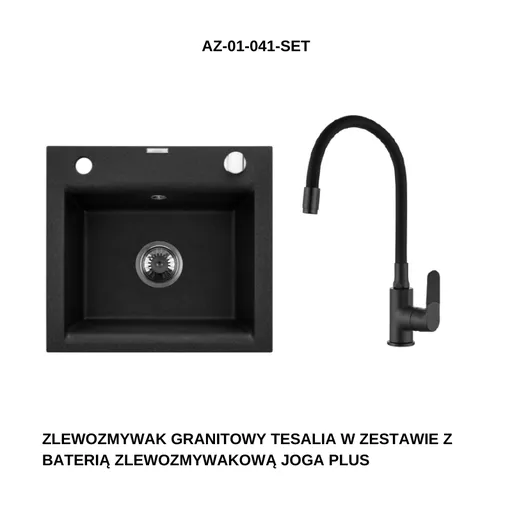 INVENA Granitový dřez TESALIA, černý s automatickým sifonem, chrom + baterie JOGA PLUS AZ-01-041-SET