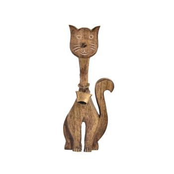 Pisică din lemn de mango cu clopoțel InDecor, 19 x4 x 49 cm, L