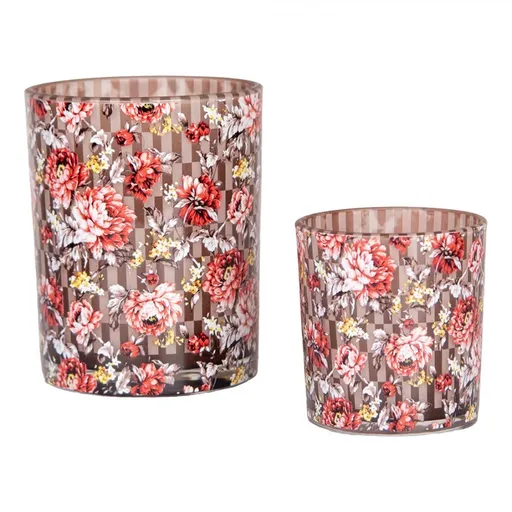 2ks hnědý skleněný svícen s květy - Ø 7*8 / 10*13 cm 6GL4974