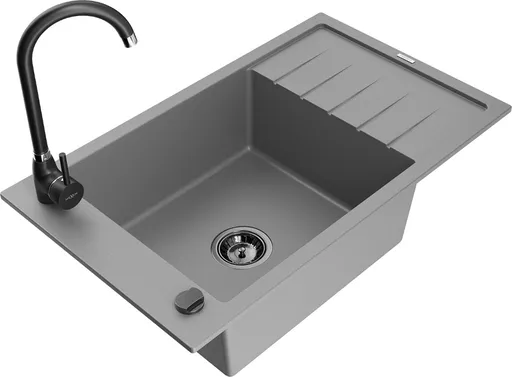 MEXEN/S Elias granitový dřez s odkapávačem včetně baterie Telma, šedá 6511-71-670200-70-B