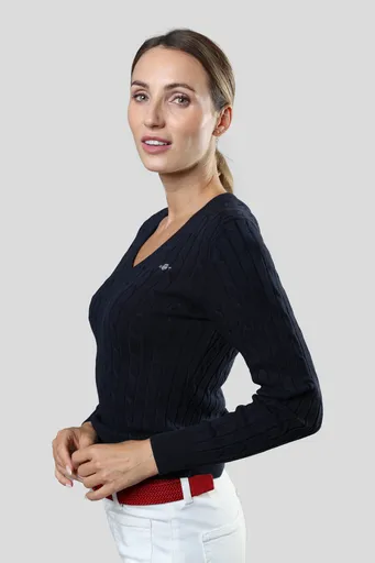 SVETR GANT STRETCH COTTON CABLE V-NECK EVENING BLUE