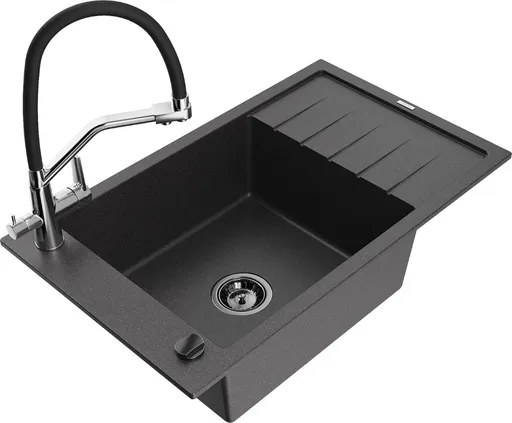 MEXEN/S Elias granitový dřez s odkapávačem včetně baterie Duo, černá kropenatá 6511-76-671701-07-B