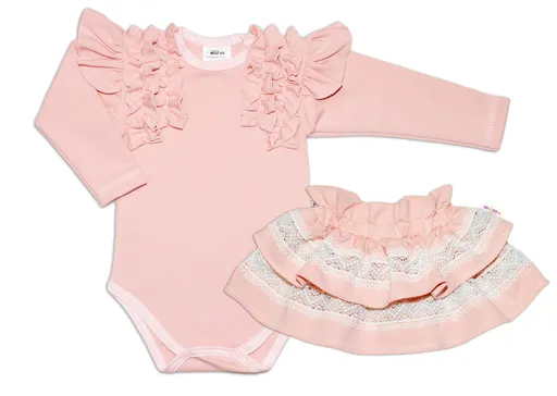 Baby Nellys 2-dílná sada, body dl.rukáv + suknička s krajkou a volánky vel.  98, pudrová