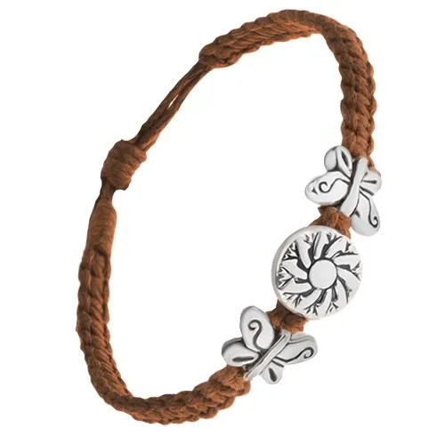 Náramek z čokoládově hnědých šňůrek, motýli, známka s květem