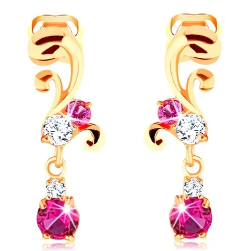 Náušnice ve žlutém 14K zlatě - blýskavý ornament s čirými a růžovými zirkony