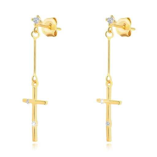 Zlaté náušnice 14K s latinským křížem a čirými zirkony