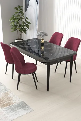 Dining Table & Chairs Set (5 Pieces) Nil - Black Marble, Burgundy