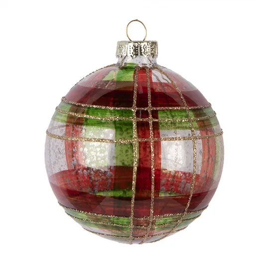 Červenozelená károvaná skleněná ozdoba koule - Ø 8*8 cm Clayre & Eef