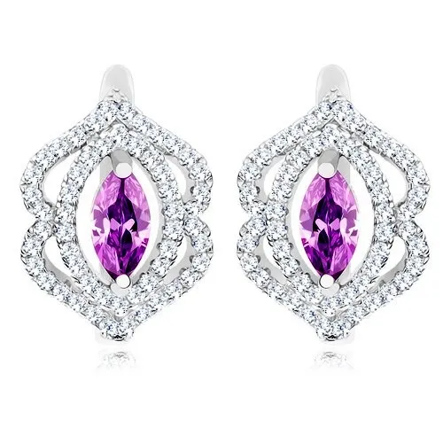 Rhodiované náušnice, stříbro 925, fialový zrnkovitý zirkon, dvojitá obruba