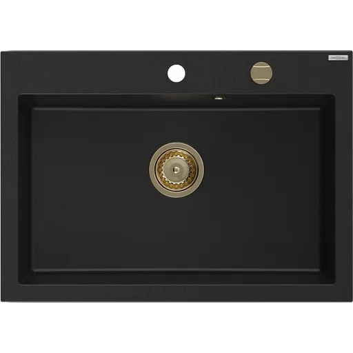 MEXEN/S Elix granitový dřez 1-miska 700 x 500 mm, černá, sifon zlatá 6526701005-77-G