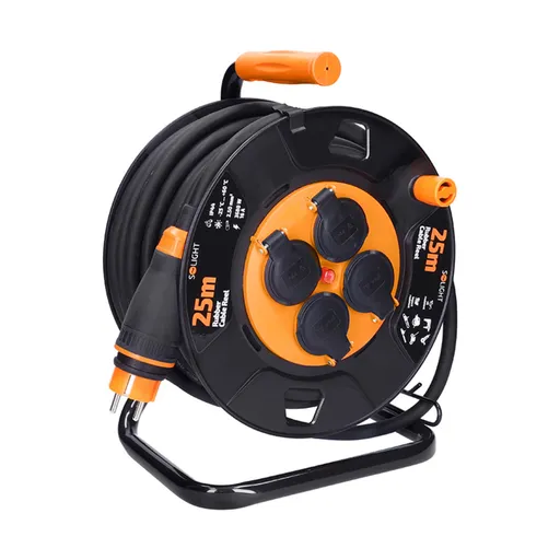 Solight prodlužovací přívod - na bubnu, 4 zásuvky, 25m kabel guma-neopren, 3x 2,5mm2, IP44 PB41