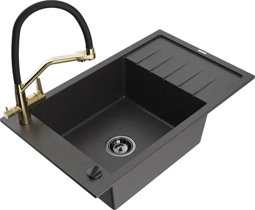 MEXEN/S Elias granitový dřez s odkapávačem včetně baterie Duo, černá kropenatá 6511-76-671701-57-B