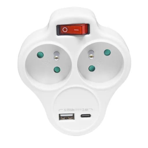 Ecolite 2-zásuvková V rozbočka 1xUSB 1xUSB-C 5V/2,4A vypínač XQFZBK-01/3