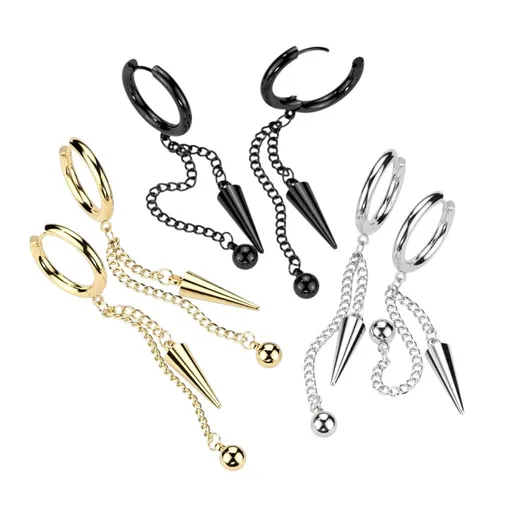 Kulaté náušnice z oceli 316L - řetízek s kuželem a kuličkou, PVD - Barva: Černá