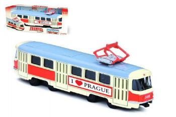 Tramvaj česká kovová 16cm retro na zpětný chod v krabičce 20x8xCZ design