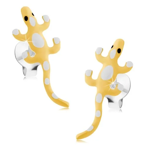 Puzetové náušnice, stříbro 925, žlutá ještěrka s bílými tečkami, glazura