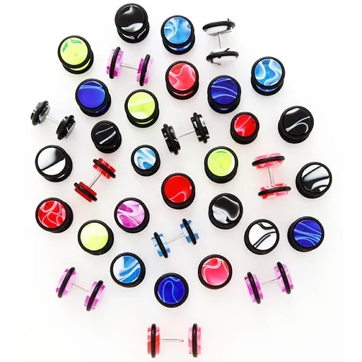 Falešný plug do ucha - mramorový - Velikost hlavičky: 10 mm, Barva piercing: Fialová - Bílá - AW