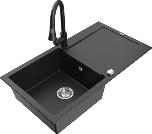 MEXEN/S Leo granitový dřez 1-miska s odkapávačem včetně baterie Elia, černá/stříbrná metalik 6501-73-670101-70