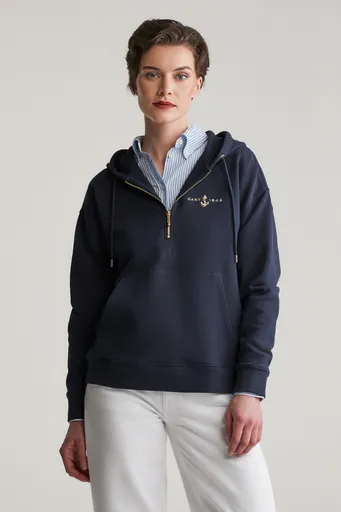 MIKINA GANT HALF ZIP ANCHOR HOODIE EVENING BLUE