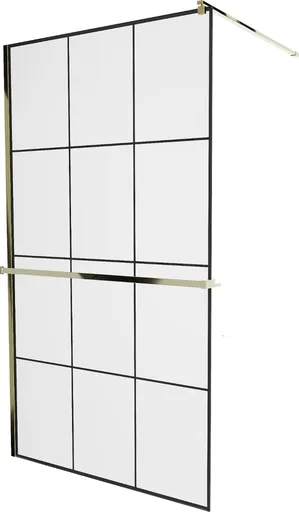 MEXEN/S KIOTO Sprchová zástěna WALK-IN s poličkou a držákem ručníků 110 x 200, transparent/černá 8 mm, zlatá 800-110-121-50-77