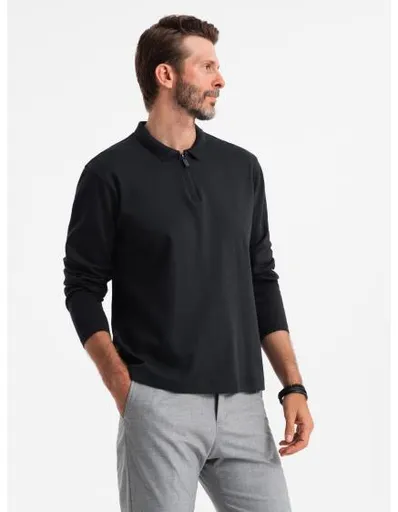 Pánský dlouhý rukáv s polo límcem na zip - černý V8 OM-POLS-0130