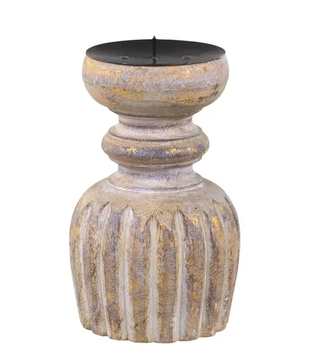 Zlato-přírodní antik dřevěný svícen na sloupovitou svíčku - Ø 9*15 cm Chic Antique